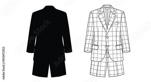 Two suit illustrations one black silhouette and one patterned design