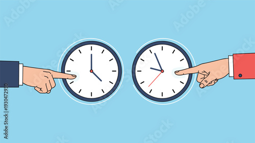 Two hands emerging from different sleeves pointing at two separate wall clocks showing different times for global synchronization.