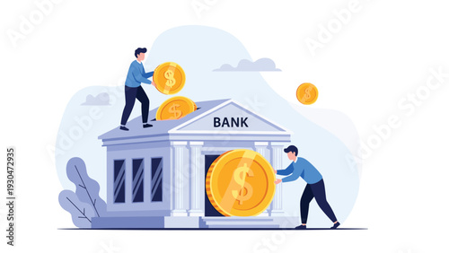 Group of people working together to deposit large gold coins into a classical bank building representing long term financial security.