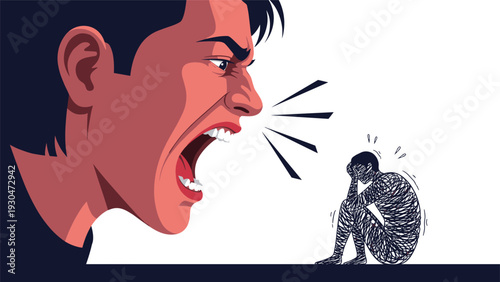 Enormous angry face of a boss screaming at a small person covered in scribbles representing workplace abuse and emotional stress.