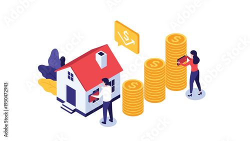 Man and woman working together to build a house next to rising stacks of gold coins representing profitable real estate investment.