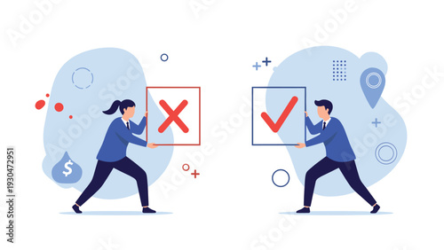 Man and woman in business suits holding large check and cross marks representing professional approval and rejection in the workplace.