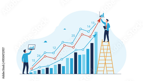 Group of professionals tracking and analyzing business growth trends on large ascending bar and line graphs with complex data.
