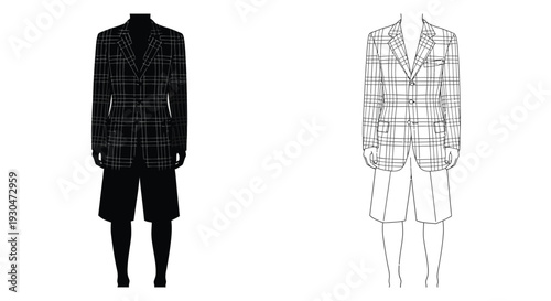 Two technical fashion illustrations of checkered blazers and shorts