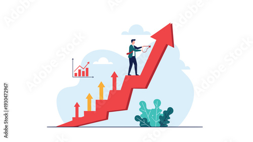 Ambitious businessman walking up a massive jagged red growth arrow that is pointing diagonally upward into the blue sky.