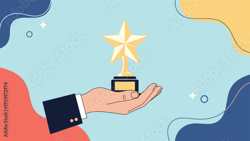 Business hand in a dark suit sleeve holding up a gold star trophy against a colorful abstract background representing victory.