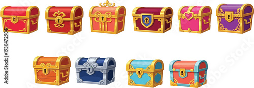 Colorful fantasy treasure chest vector set with gold details isolated cartoon game assets for rpg ui icons and adventure design