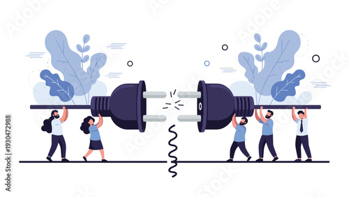 Group of small business people working together to connect two enormous black electric power plugs to restore energy or systems.