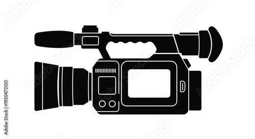 Black silhouette of a professional video camera with a microphone attached