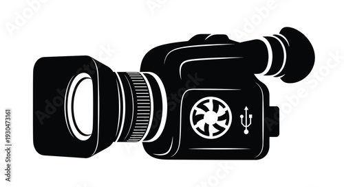 A black silhouette of a professional video camera with lens and controls