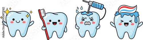 Cute cartoon tooth characters set showing dental care steps brushing cleaning rinsing and smiling oral hygiene vector illustration for kids education