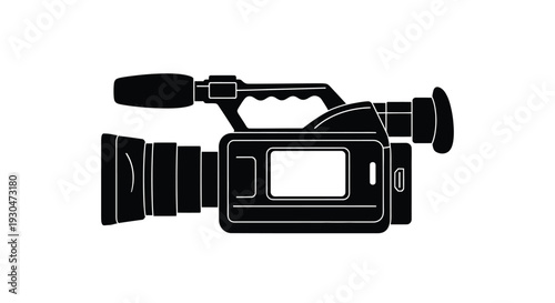Black silhouette of a professional video camera on a white background