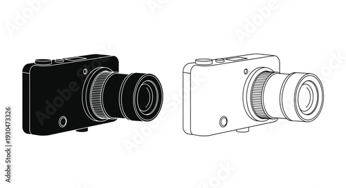 Two simplified representations of a compact digital camera in contrasting colors