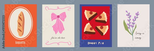 Spring summer Italy la dolce vita picnic vintage posters. Breakfast postage stamps with image of Italian mediterranean food, flowers, pie, baguette. Cover vector illustration doodle sketch style.