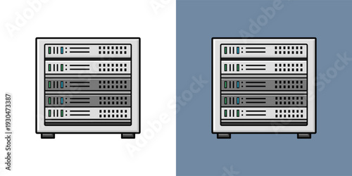 Clean vector illustration of a robust server rack filled with electronic components, signifying powerful computing and reliable network solutions for digital infrastructure