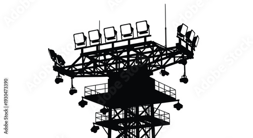 Black silhouette of a complex stadium lighting structure against white