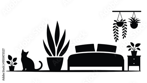 Black silhouette of cat and plants in bedroom hanging plants