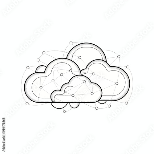 Clouds with Snowflakes Simple Line Art Illustration.