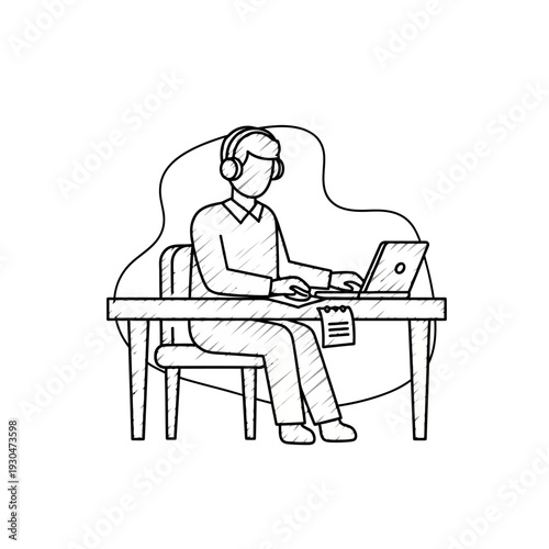 Man Wearing Headphones Working on Laptop.