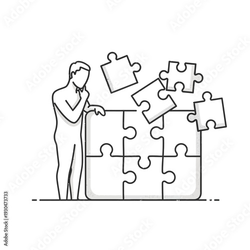 Man Assembling Jigsaw Puzzle Pieces Together.