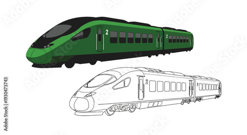 A vibrant green high speed train illustration with a corresponding line drawing