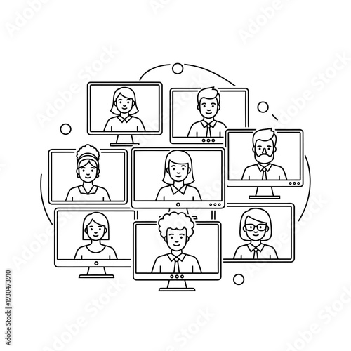 Group of People on Computer Screens.