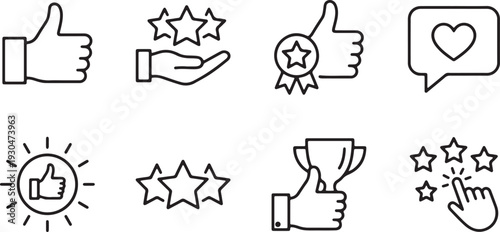 Minimal Black Line Icons Set with Thumbs Up, Trophy, Star Ratings, and Heart