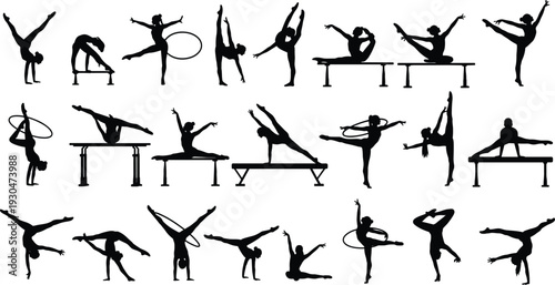 Gymnastics and rhythmic dance silhouettes vector set with athletic poses isolated black figures for sport fitness training illustration design