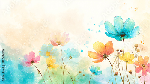 watercolor botanical cosmos flowers texture template background.Elegant wedding invitation card background . Minimal hand painted Design for wedding or Valentine's Day