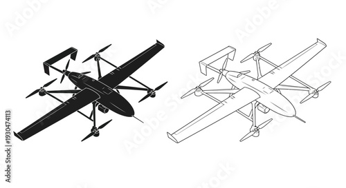 Two depictions of a military drone one solid black and one outlined
