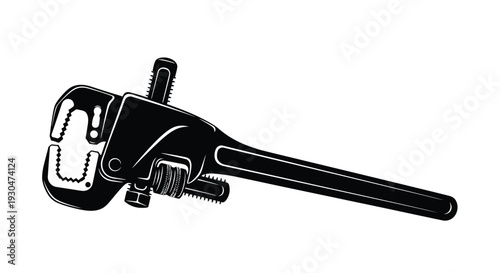 A black and white illustration of a large adjustable pipe wrench