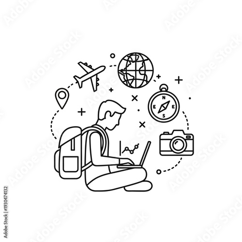 Traveler with Laptop and Travel Accessories.