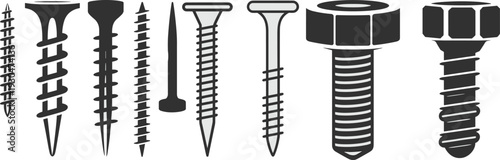 Hardware fasteners silhouette set with screws nails bolts and nuts industrial vector illustration for construction repair and engineering design isolated white background