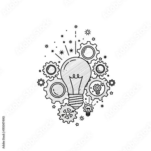 Light Bulb Surrounded by Mechanical Gears and Stars.