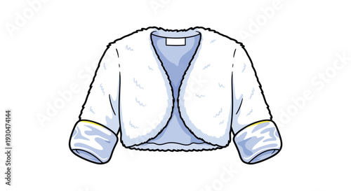 A fluffy white bolero jacket with pale blue lining and accents