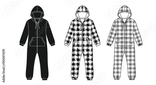Three hooded jumpsuits or onesies in varying patterns and colors