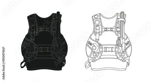 Two depictions of a climbing harness black filled and white outline