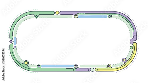 Multicolored oval-shaped train track with switches and crossings on a white background, viewed from above in a flat lay composition.