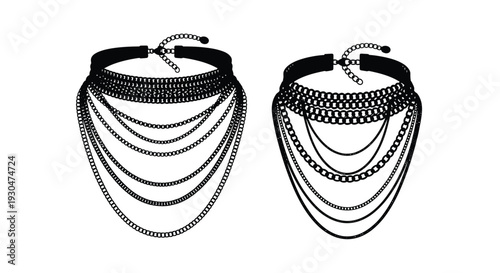 Black and white illustration of two layered chain necklaces on white background