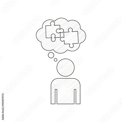 Person Thinking with Puzzle Pieces in Thought Bubble.