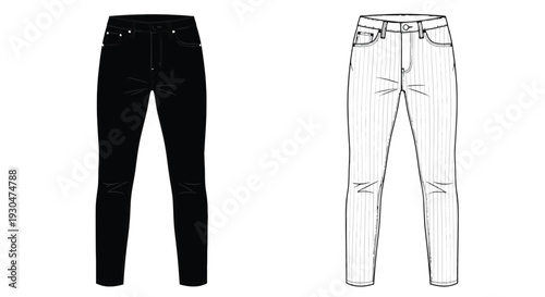 Two pairs of slim fit jeans one black and one striped displayed as fashion sketches