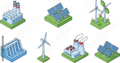 Isometric energy power plant illustration set with renewable and industrial electricity sources vector icons for sustainability technology and engineering design