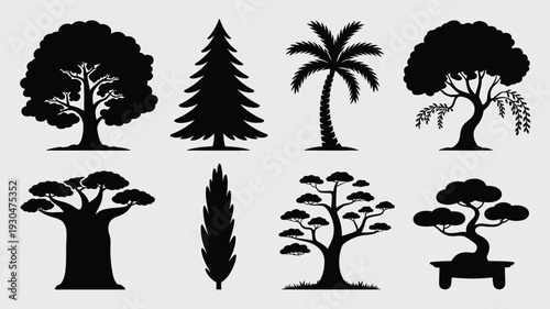 Nine distinct tree silhouettes on gray background black trees