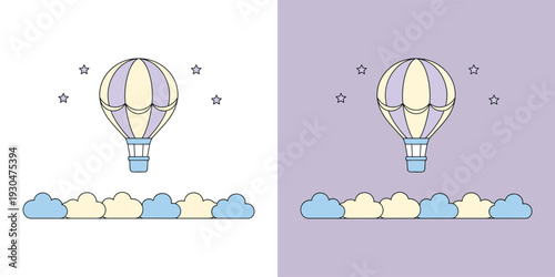 Whimsical pastel hot air balloon with striped design ascending above fluffy clouds under a starry night sky, enchanting vector graphic illustration