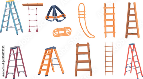 Ladder and climbing equipment collection with ropes harness and safety tools flat vector illustration for construction work maintenance isolated background
