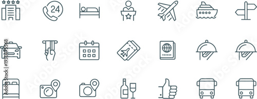 Travel and Hotel Icon Set - Tourism, Hospitality, and Transportation Symbols