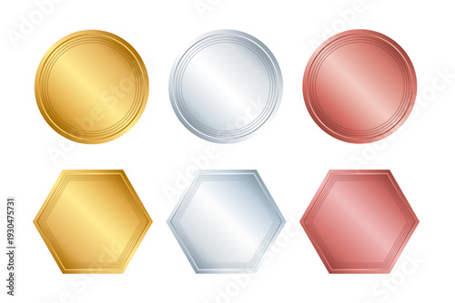金銀銅のメダル風フレームセット（円形・六角形／テキスト挿入用バッジテンプレート）