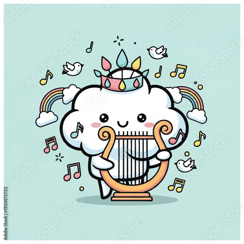 Cartoon Cloud Playing Harp with Crown.