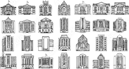 Collection of Hand-Drawn Buildings: University, Bank, and Office Building Sketch Illustrations