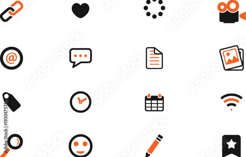 Vibrant orange and black icon set for social media, e-commerce, and communication, featuring links, email, chat, tag, clock, calendar, wifi, and more.